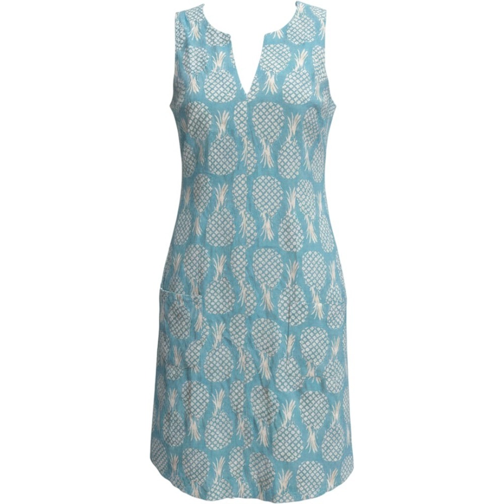 Kayce Hughes Blue White Pineapple Print Cotton Shift Dress Split Neck Pockets 4